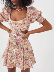 Aiertu - Women s Summer Floral Print Dress Short Puff Square Neck Cutout Waist Mini A-Line Dress Aiertu