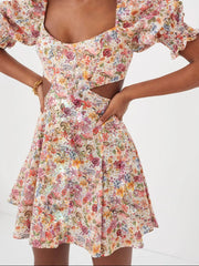 Aiertu - Women s Summer Floral Print Dress Short Puff Square Neck Cutout Waist Mini A-Line Dress Aiertu
