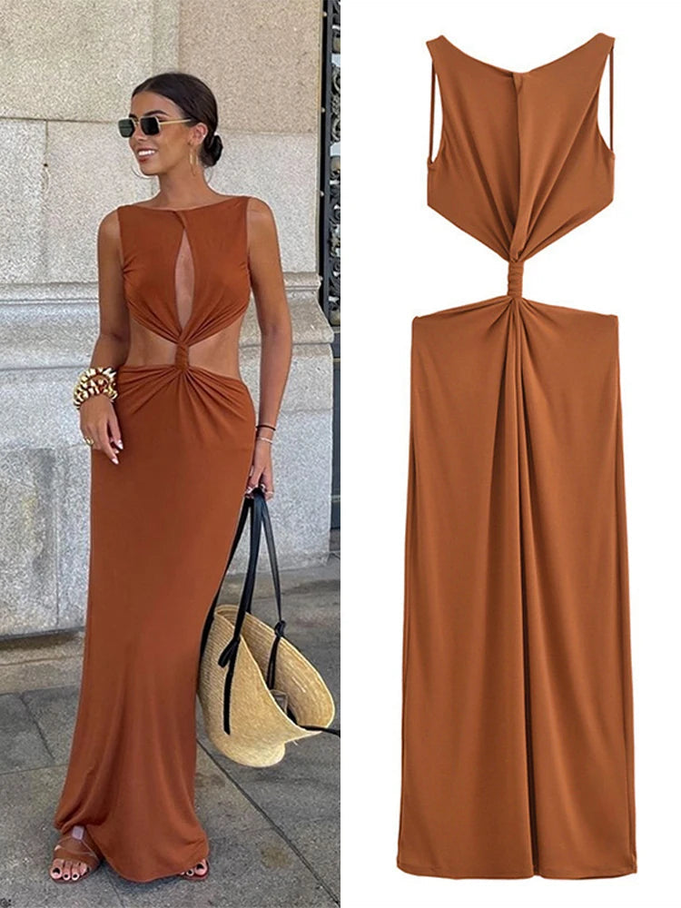 Aiertu - Sexy Knot Ruched Hollow Out Dress Woman Slim Off Shoulder Backless Bodycon Midi Robes Summer Autumn Party Evening Dresses Aiertu