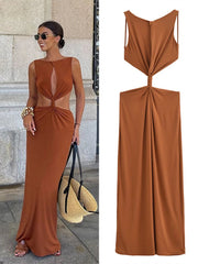 Aiertu - Sexy Knot Ruched Hollow Out Dress Woman Slim Off Shoulder Backless Bodycon Midi Robes Summer Autumn Party Evening Dresses Aiertu
