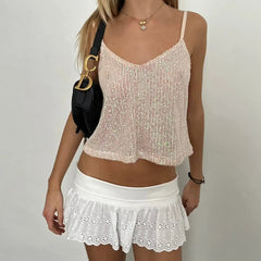 Aiertu - Women Sequin Cami Tops Sparkly V Neck Spaghetti Strap Backless Shirts Trendy Summer Clothes for Party Clubwear Aiertu