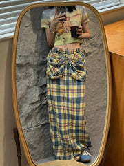 Aiertu - Tall Girl Checkered Maxi Long Skirt Women Contrast Straight Loose Big Pockets Cargo Skirt Casual Holiday Retro Clothes Aiertu