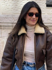 Aiertu - Chic Long Sleeve Lapel Double Side Motorcycle Coat Fashion Warm Pocket Zipper Jackets Autumn Winter Woman High Street Coats Aiertu