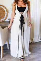 Aiertu - Casual Patchwork Belted V Neck Long Dresses Aiertu