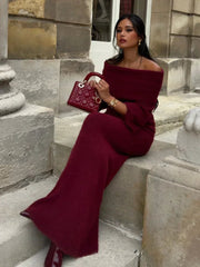Aiertu - Women Off Shoulder Half Sleeves Maxi Dresses Elegant Dark Red Strapless Slim Knitted Long Dress New Sexy Lady Night Party Robes Aiertu