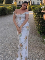 Aiertu - Elegant Off Shoulder Maxi Dresses Women Chic Floral Printed High Waist Gowns Fashion Lady Ruffled Sleeveless Party Vestidos Aiertu