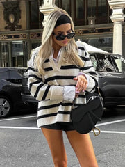 Aiertu - Knitted Striped Pullovers Women Casual Basic Winter Sweater Jumper Turn Down Collar Loose Vintage Sweater Sueter Mujer Aiertu