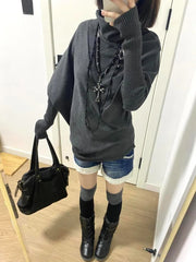 Aiertu - Y2K Fashion Gray Irregular Bat Sleeve Knitted Sweater Women Winter New Retro Simple Loose Harajuku Casual Pullover Sweater Aiertu