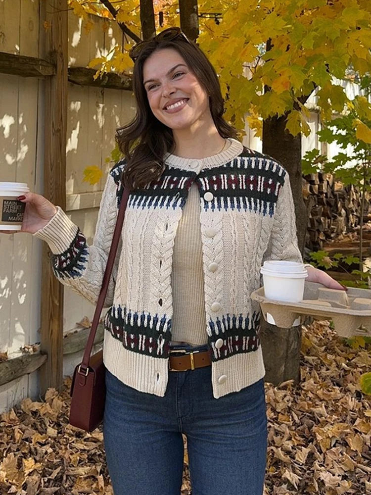 Aiertu - Retro Jacquard Cardigan Sweater Women Fashion Warm Single Breasted Knitted Coat Causal Female Long Sleeve Thick Outwear 2025 Aiertu