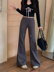 Aiertu American Retro Casual Streetwear High Waist Wide Leg Pants Women Vintage Elegant Sexy Solid Slim Yoga Trousers Aiertu