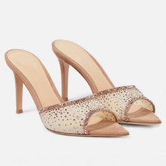 Aiertu - European Style Fashion Stiletto Rhinester High-heeled Slippers Pointed Open-toed Slip-on Slides Aiertu