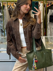 Aiertu - Fashion Brown Tassel Women's Jacket Casual Single Breasted Long Sleeved Flip Pockets Outerwear Chic Autumn High Street Coats Aiertu