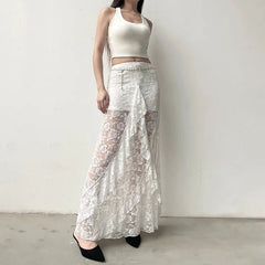 Aiertu - Fashion Irregular Lace See Through Long Skirt For Women Rose Jacquard Tassel Patchwork High Waisted Skirt Female Summer Aiertu
