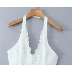Aiertu - Fashion Hollow Out Embroidery White Halter Dress For Women Sexy Backless Low Waist A-line Mini Summer Dresses French Style Robe Aiertu