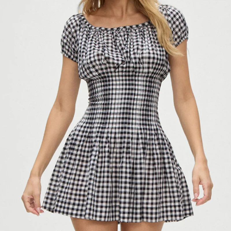 Aiertu - Vintage Women Black White Plaid Dresses Short Sleeve O Neck Slim Waist A-line Mini Casual Summer Dress Aiertu