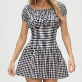 Aiertu - Vintage Women Black White Plaid Dresses Short Sleeve O Neck Slim Waist A-line Mini Casual Summer Dress Aiertu