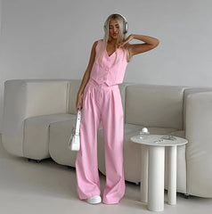 Aiertu - Summer 2026 Causal Fashion Pants Suits Solid Street Two Piece Pants Sets Casual Blazers Vest Pleated Pants Women Set Outfits Aiertu