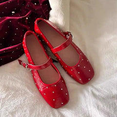 Aiertu - Square Toe Red Rivet Mary Jane Shoes Women Elegant Spring Autumn Flats Shoes Ladies Shallow Casual Black Loafers Footwear 2025 Aiertu
