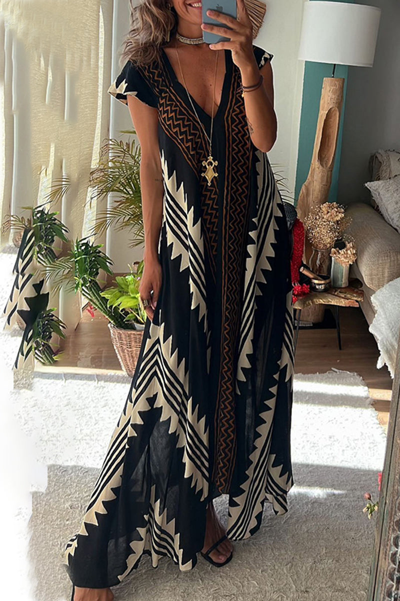 Aiertu - Casual College Geometric Print Fold V Neck A Line Dresses Aiertu