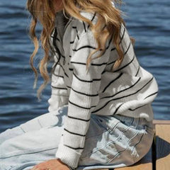 Aiertu - cold weather outfits Women Casual Striped Sweater Turndown Collar Zipper Knitted Long Sleeve Jumper Fashion Ladies Minimalism Knitwear Top Aiertu