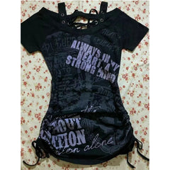 Aiertu - American Strappy Letter Print T-shirt Women Retro Streetwear Hot Girl Slim Fit Millennial Fashion Street Trend Casual Y2K Top Aiertu