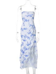 Aiertu - Blue Floral Print Strapless Summer Dresses for Women Sleeveless High Waist Backless Ruffles Irregular Split Evening Party Dress Aiertu