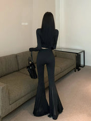 Aiertu - Lounge Stitch Tulle Yoga Pants Women Black Solid Slim Bootcut High Waist Bell Bottoms Workout Leggings Female Clothes Aiertu