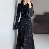 Aiertu - Literary Retro Style Women's Black Floral Dress V Neck Long Flare Sleeved High Waist Ruffles Casual Elegant Long Dress Aiertu