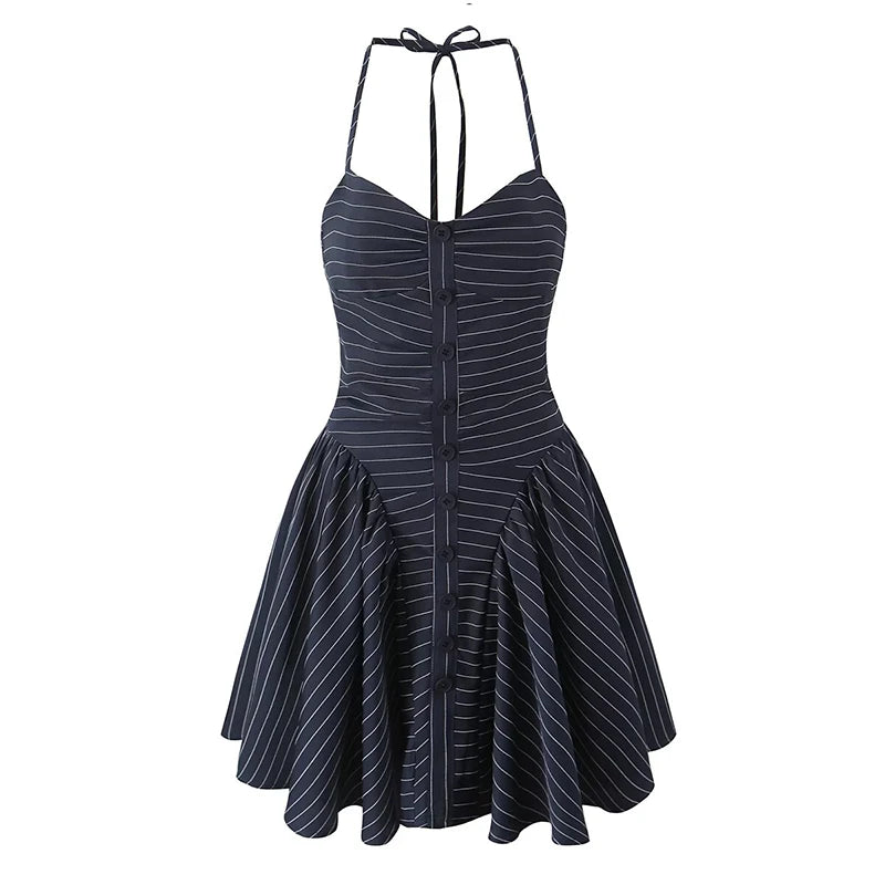 Aiertu - Sexy Elegant Women Navy Blue Striped Halter Mini Dress Summer Female Backless Low Waist A-line Party Dresses High Street Robe Aiertu