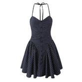 Aiertu - Sexy Elegant Women Navy Blue Striped Halter Mini Dress Summer Female Backless Low Waist A-line Party Dresses High Street Robe Aiertu