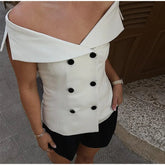 Aiertu - Slim Off Shoulder Double-breasted Waistcoat Women Sexy Sleeveless Vest 2026 Summer Autumn Ladies Fashion Elegant Tops Streetwear Aiertu