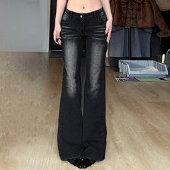 Aiertu - Y2K Dark Gray Washed Flare Jeans Women Grunge Aesthetic Slim Boot Cut Denim Pants Vintage 2000s Casual Trousers Basic Aiertu