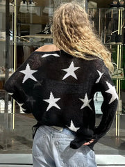Aiertu - Street Stars Printed irregular Wide Collar Sweater Hot Girl Loose Thin Ripped Knit Sexy See Through Pullovers Long Sleeve Aiertu