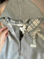 Aiertu Lace Patchwork Hoodies Women Cute Bow Long Sleeve Sweatshirt Japan Preppy Style Sweet Loose Long Sleeve Female Gray Outwear Aiertu