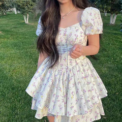 Aiertu - Puff Sleeve Floral Corset Mini Dress Aiertu