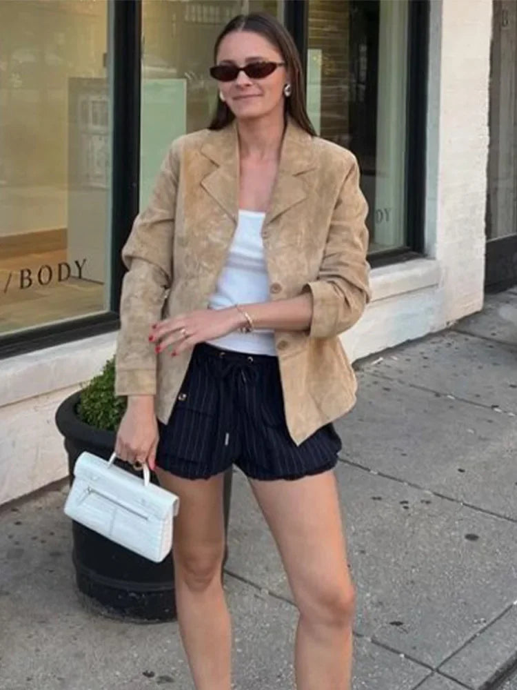 Aiertu - Vintage Khaki Suede Leather Blazer Coat Women Elegant Lapel Full Sleeves Single Breasted Jacket Autumn Chic Lady Street Outwear Aiertu