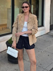 Aiertu - Vintage Khaki Suede Leather Blazer Coat Women Elegant Lapel Full Sleeves Single Breasted Jacket Autumn Chic Lady Street Outwear Aiertu
