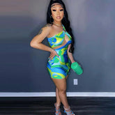 Aiertu Fashion Geometric Print Women Dresses Summer 2025 Club Asymmetrical Cut Out One Shoulder Bodycon Mini Dress D82-BB15 Aiertu