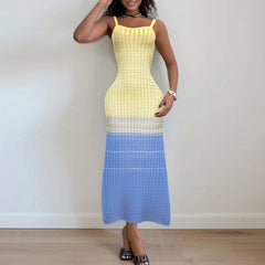 Aiertu - Lady Casual Summer O-neck Suspender Dress Beach Holiday Backless Knitted Long Dress Gradient Striped Printed Slim A-line Dress Aiertu