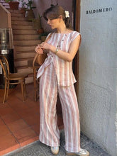 Aiertu - Elegant Striped Print Vest Pants Set Women Asymmetric Single Breasted Tops Wide Leg Trouser 2026 Summer Lady Casual Outfits Aiertu