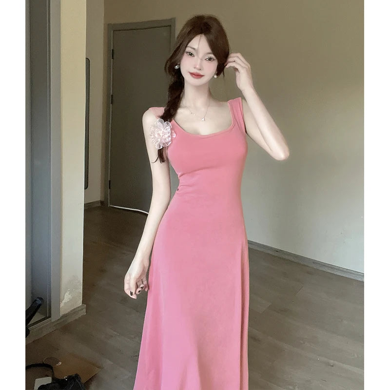 Aiertu - Spice Girl Sexy Strap Dress Women's Summer Sleeveless Slim A-line Solid Color Long Dress Fashion Female Clothes Aiertu