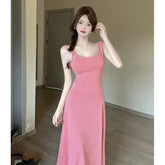 Aiertu - Spice Girl Sexy Strap Dress Women's Summer Sleeveless Slim A-line Solid Color Long Dress Fashion Female Clothes Aiertu
