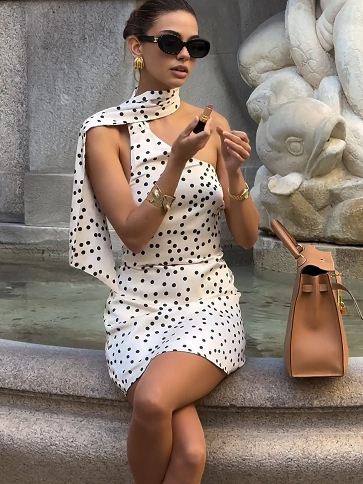 Aiertu Satin Polka Dot Asymmetrical Dress shopify