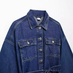 Aiertu - Fashion Women's Denim Jackets With Belt Casual Lapel Single-breasted Pockets Washed Jacket 2025 Spring Lady Y2k Street Outwear Aiertu