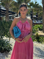 Aiertu - Sexy Backless Lace Up Crop Top Beach Skirt Set Burgundy Open Back Sling Top Pleated Fold Skirts Summer New 2 Piece Outfit Women Aiertu