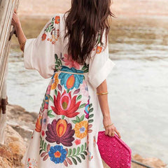 Aiertu - New Pattern Printed Loose Long Dress Women's Fashion Single Breasted Bohemian Dress Retro Short Sleeve Split Beach Dresses Aiertu