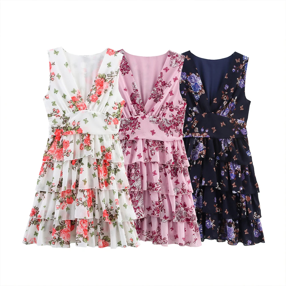 Aiertu - Pink White Deep Blue Three Color V Neck Sleeveless Floral Print Stacked Skirt Edge Design Women Short Dress ZATT 2025 Summer New Aiertu