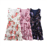 Aiertu - Pink White Deep Blue Three Color V Neck Sleeveless Floral Print Stacked Skirt Edge Design Women Short Dress ZATT 2025 Summer New Aiertu