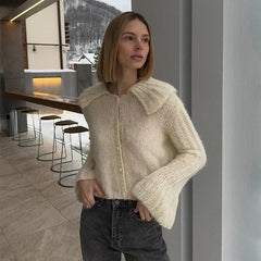 Aiertu - Fall Outfits 2026 Vintage Doll Collar Cardigans Women Casual Single Breasted Long Flare Sleeve Sweaters 2026 Autumn New Female Fashion Knitwear Aiertu