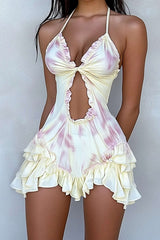 Aiertu Ombre Print Ruffle Halter Cut Out Mini Dress Aiertu